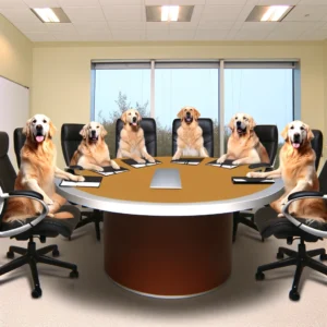 Golden Retrievers at Board of Directors meeting