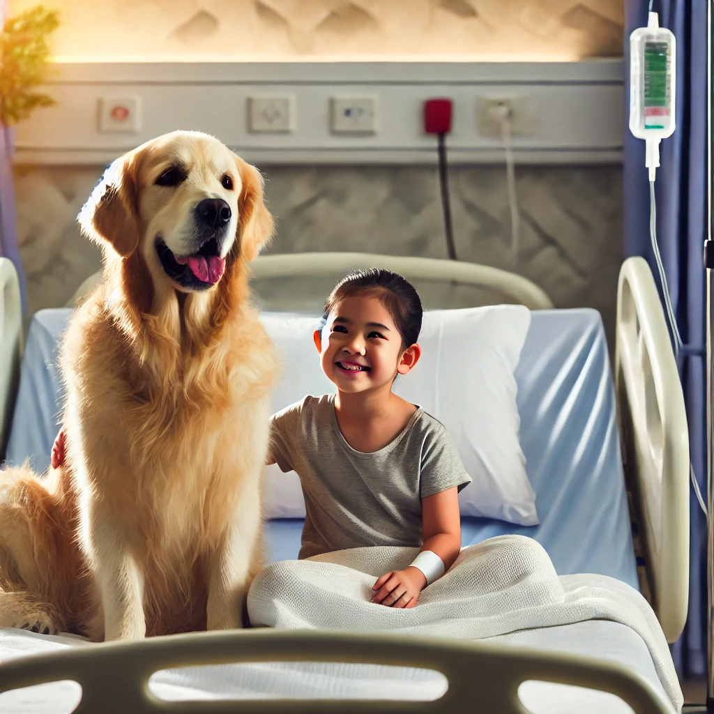 golden retriever with a young boy in a hospital bed