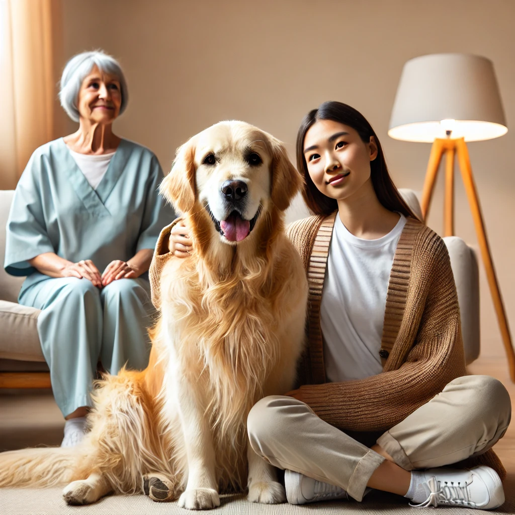 golden retriever with two women