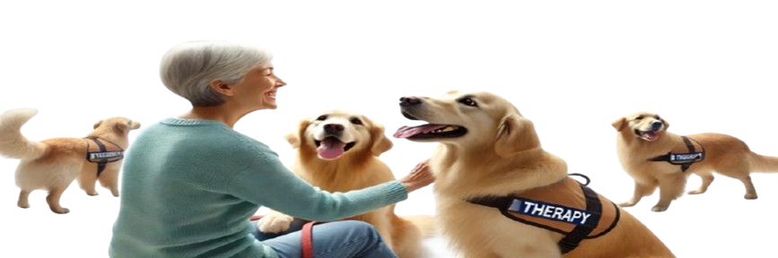 woman with four therapy dogs wearing vests