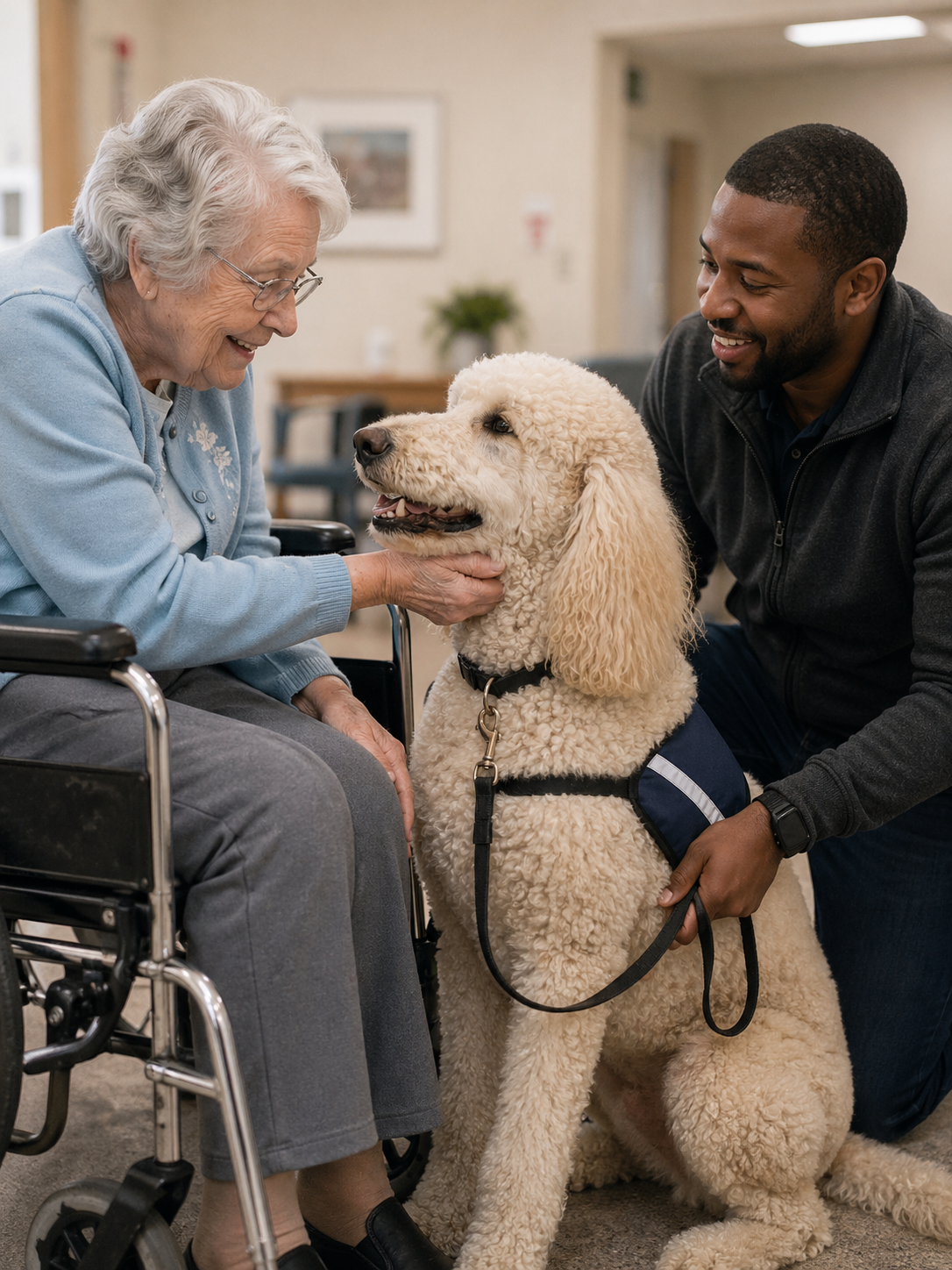 Therapy dog performing a gentle visit behavior with a smiling senior or child