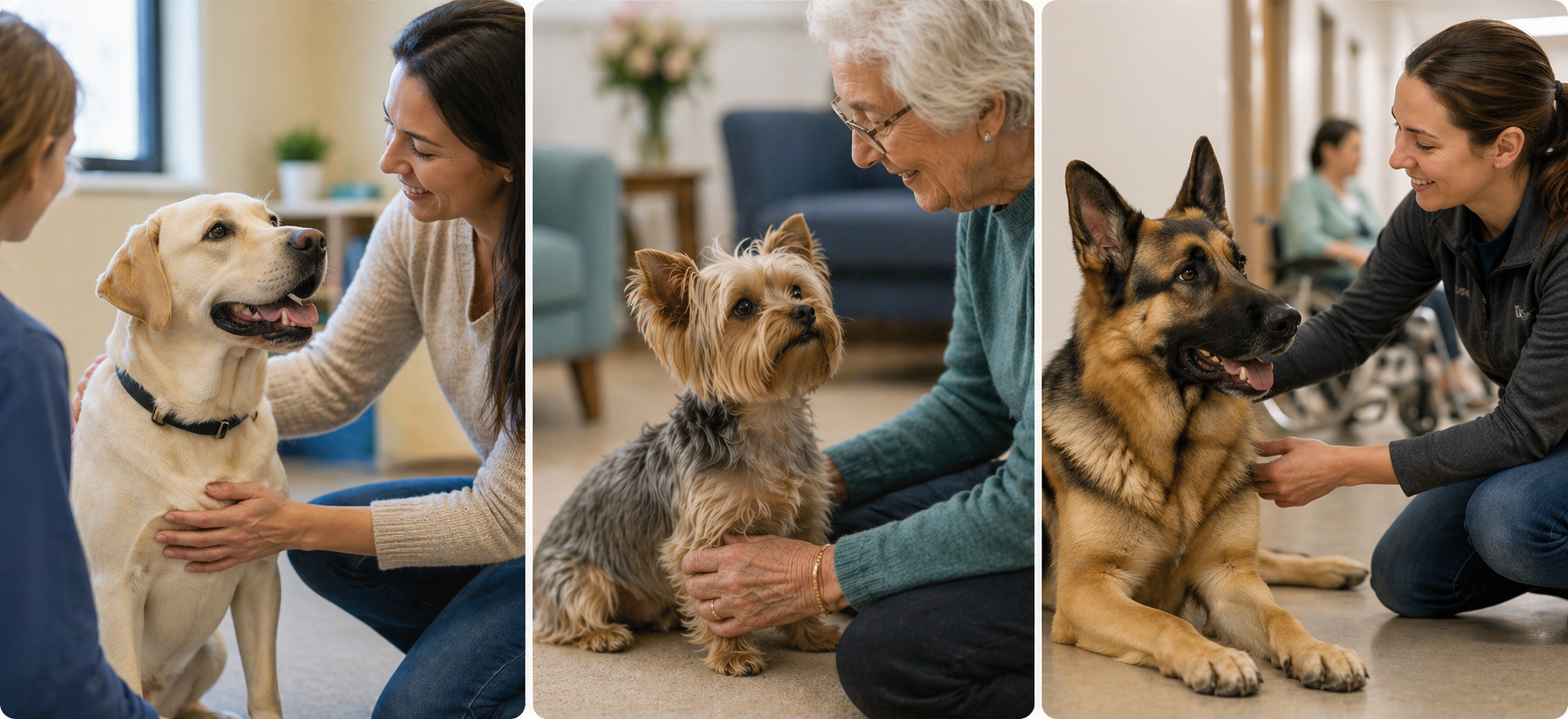 Three different therapy dog breeds calmly interacting with people, showing that therapy dog work is based on temperament rather than breed