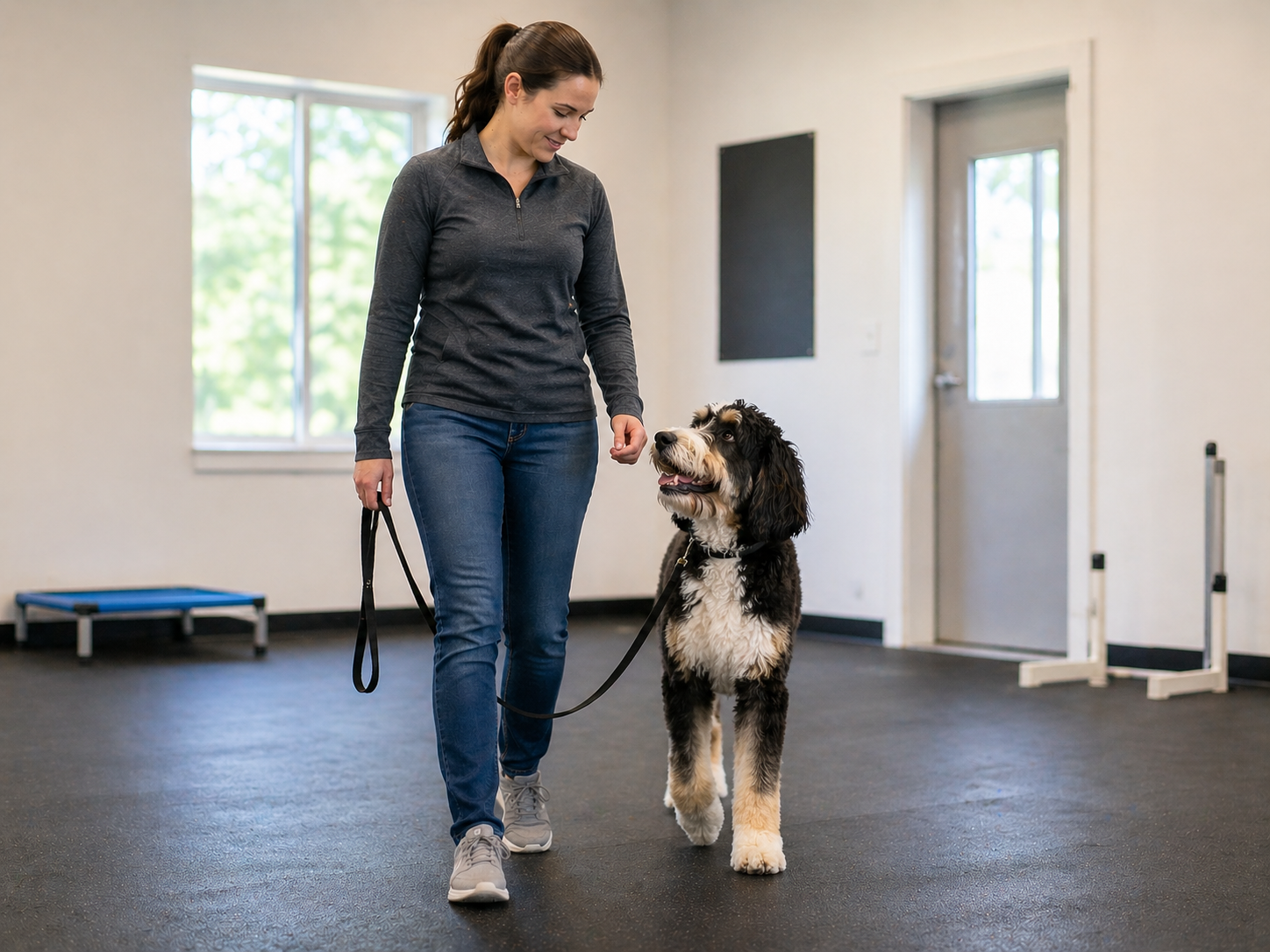 Handler practicing AKC Canine Good Citizen skills with a calm dog