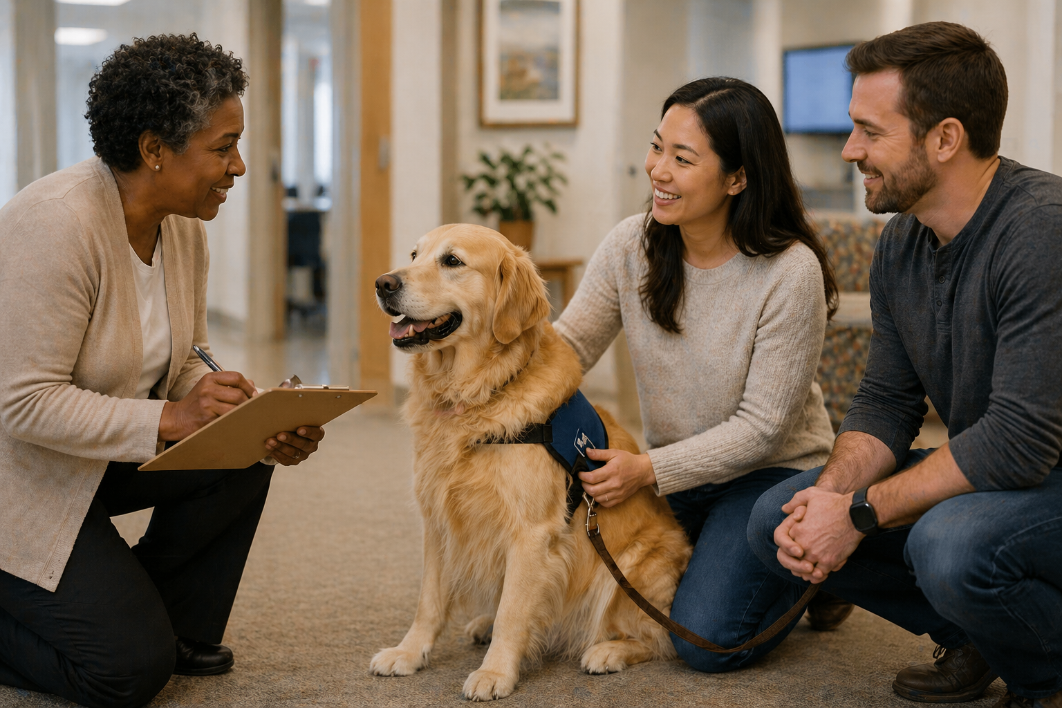 Dog and handler team receiving certificate or completing supervised therapy dog visit