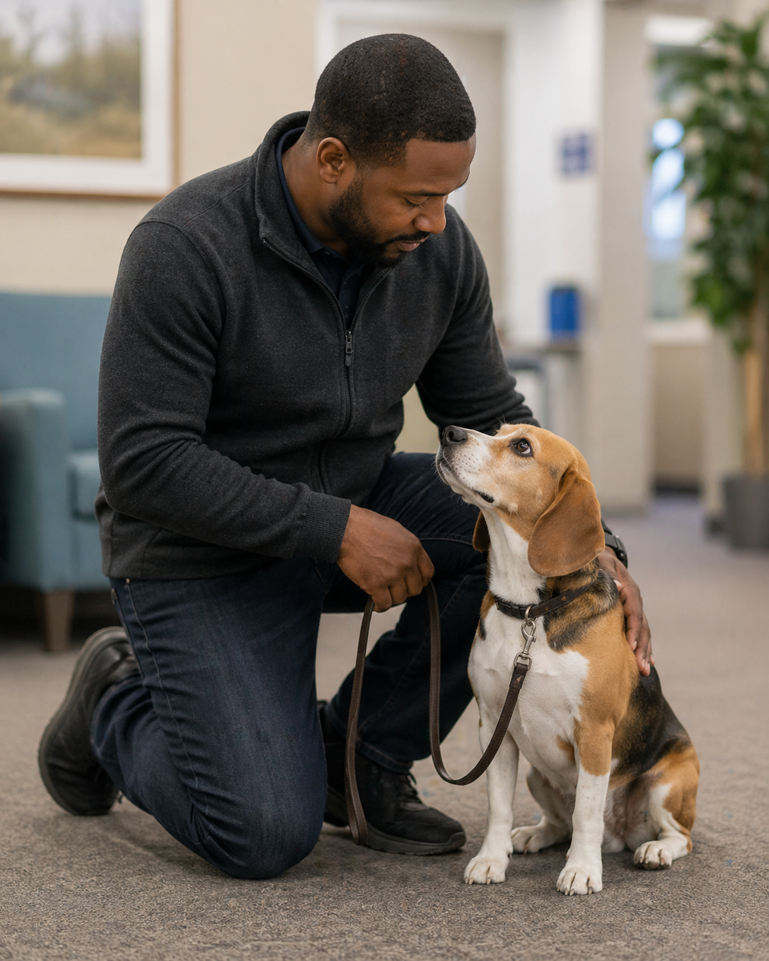 Handler kneeling beside therapy dog demonstrating calm communication and reading canine body language