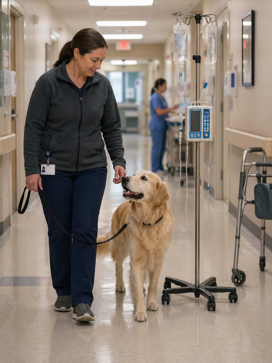 Therapy dog navigating a clinical environment with IV pole walker or tight hallway under handler guidance