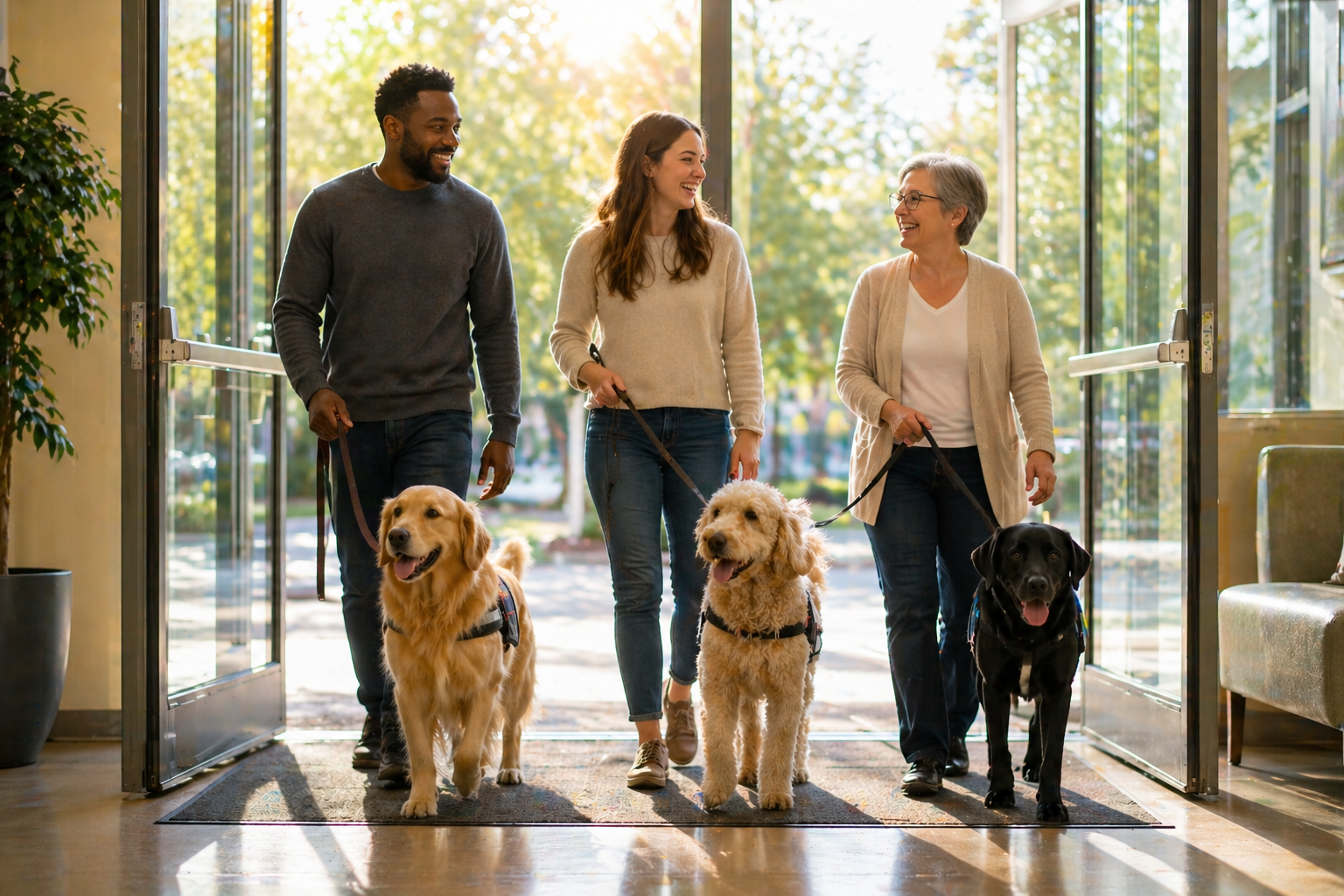 Therapy dog team entering a facility through open doors with natural light