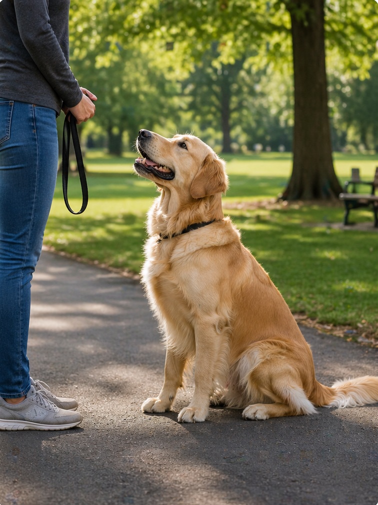 Dog performing a basic obedience sit in a quiet park