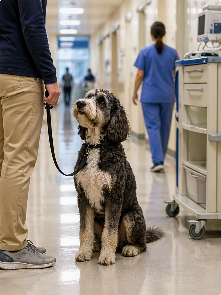 Therapy dog remaining composed as a wheelchair or medical cart passes nearby