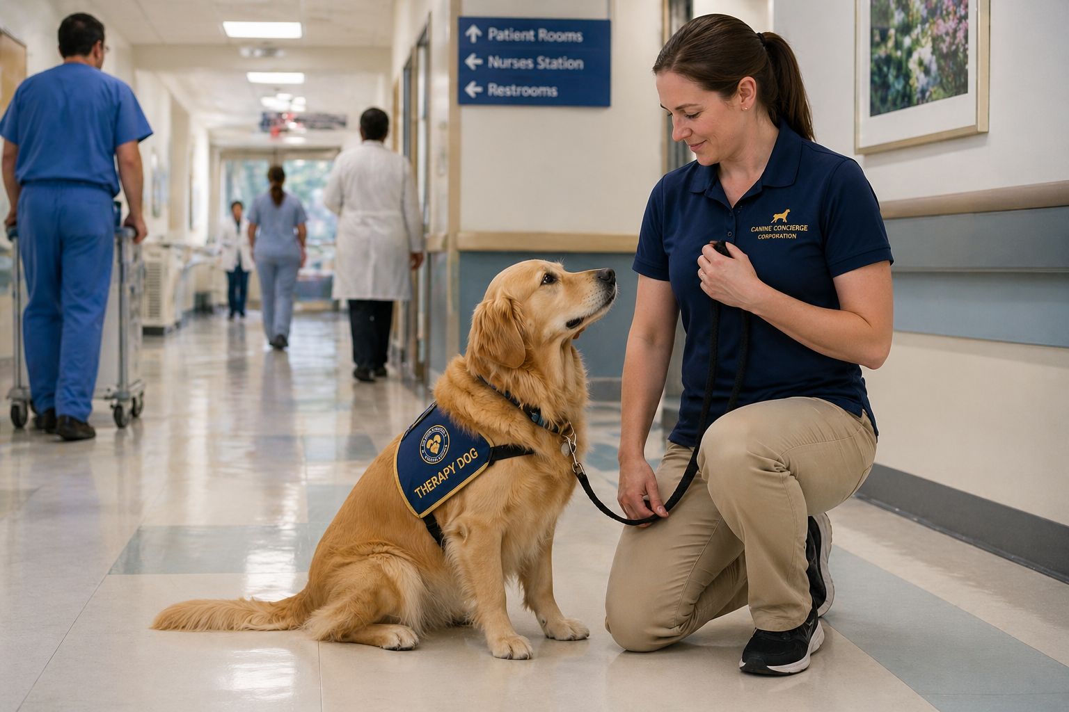Calm dog maintaining focus on handler in a mildly busy hospital or school environment